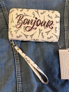 Bonjour Paris Zip Wristlet Wallet in White with Black & Pink Accent